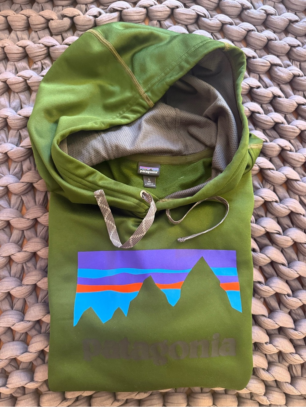 Patagonia Men's Olive Green Crewneck Hoodie with Multi-Color Mountain Graphic